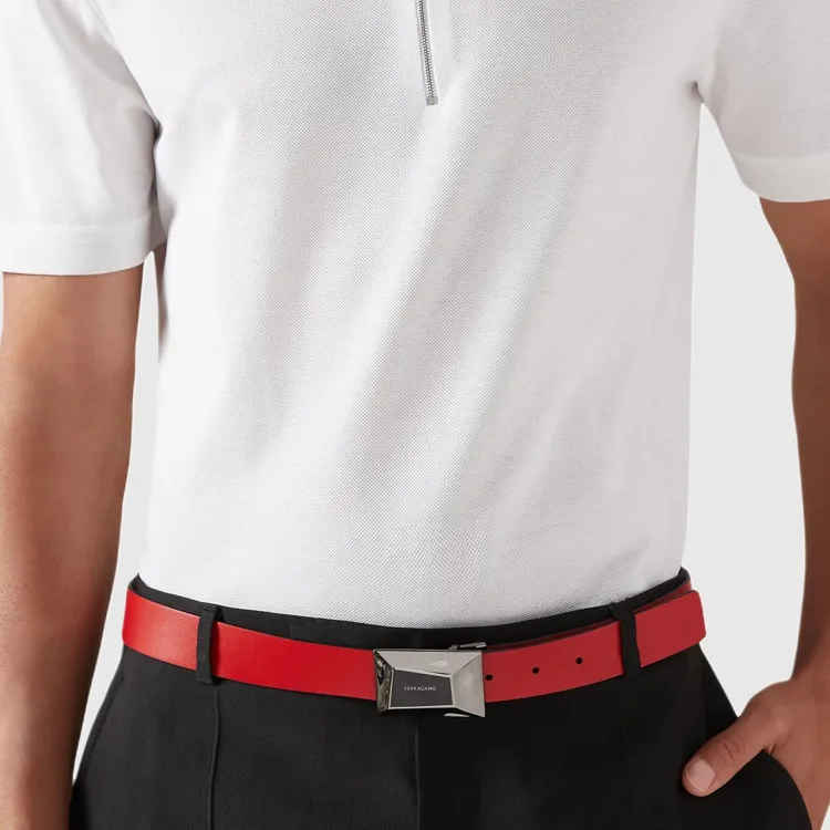 FERRAGAMO Double Sided Design Calfskin Leather Belts Men's Black/Flame Red Width 2.7cm-2