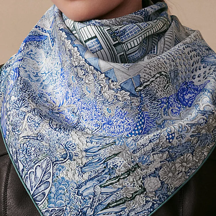 HERMES Mulberry Silk Silk Scarves Women's Blue-1