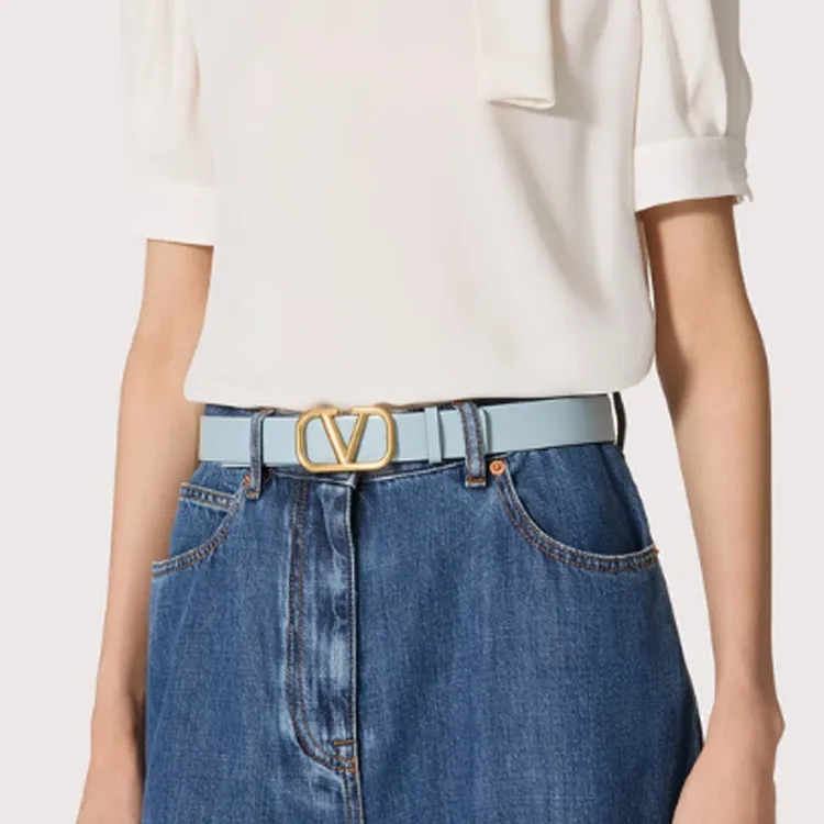 Valentino Cow Leather Leather Belts Women's Glacier Blue/Light Coffee Brown Width  3CM-1