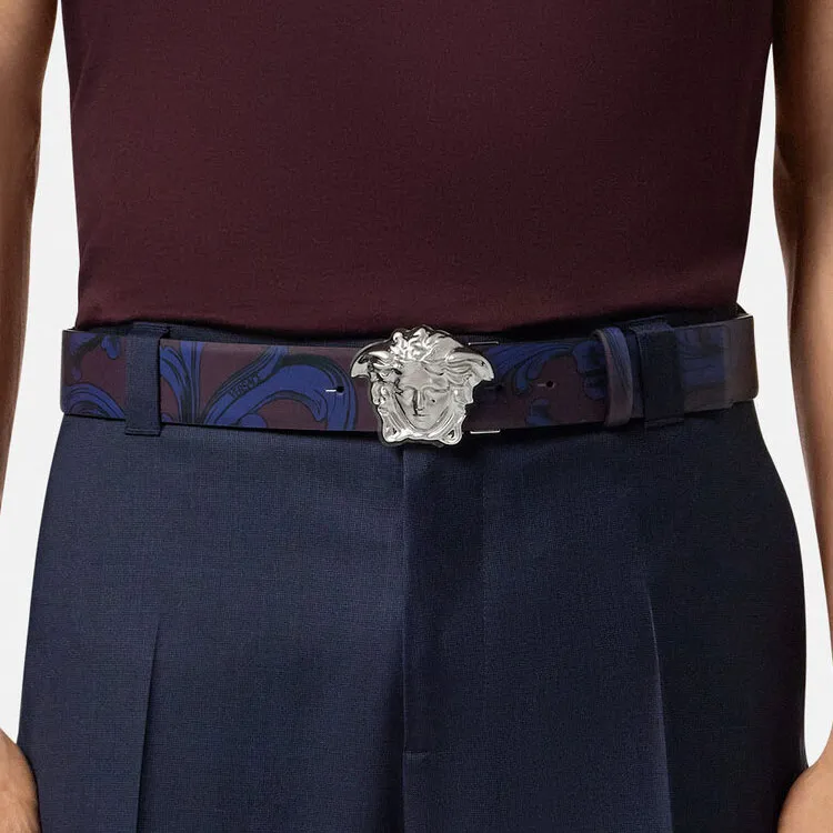 VERSACE Cow Leather Belts Men's Blue/Umber Width 4cm-1
