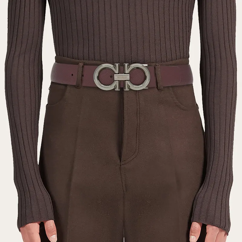 FERRAGAMO Double Sided Design Smooth Buckle Leather Belts Men's Brown Width  3.5cm-1