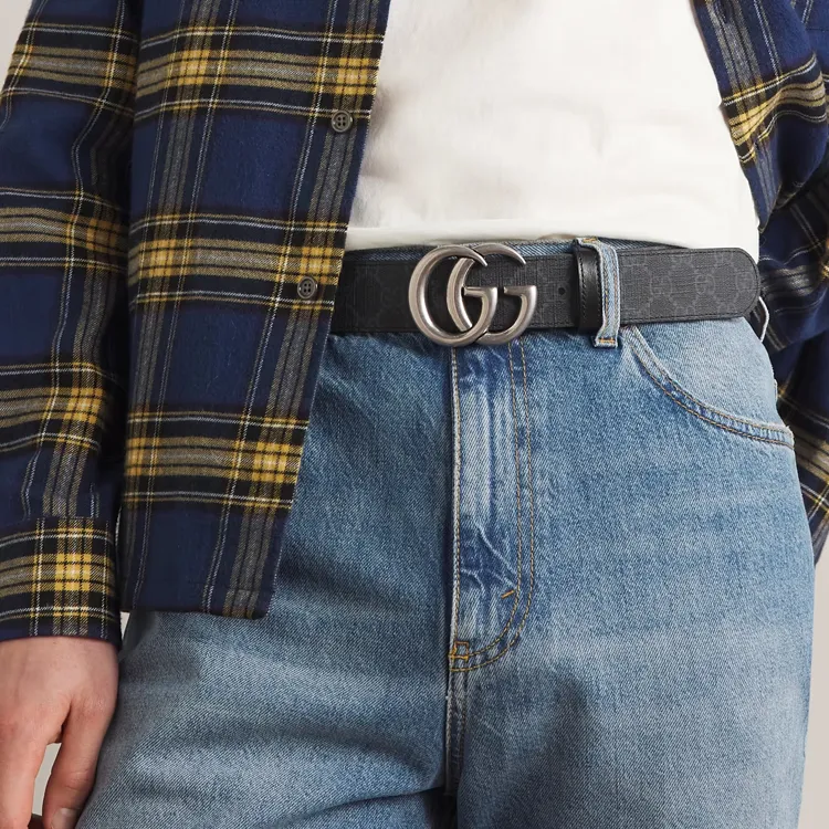 GUCCI Micro-Text Print Leather Belts Men's Dark Gray Width: 3CM-2