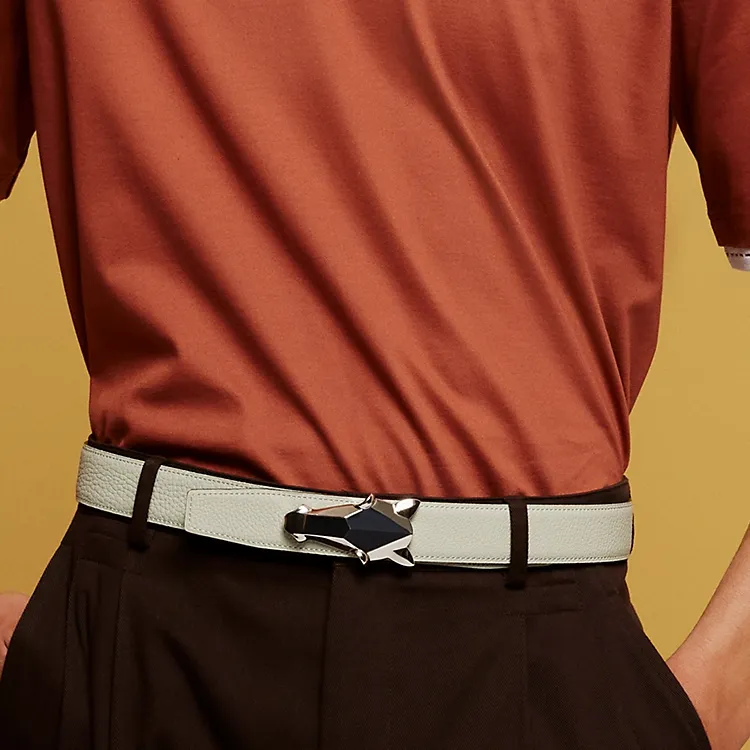 HERMES Horse Head Styling Leather Belts Men's Gray/Orange Width: 3.2CM-2