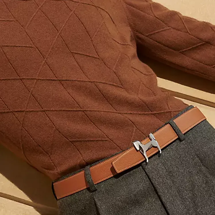 HERMES Steed Styling Leather Belts Men's Brown/Green Width: 3.2CM-2