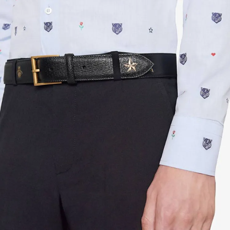 GUCCI Print Pattern Pin Buckle Genuine Leather Leather Belts Men's Black Width 3.5CM-2