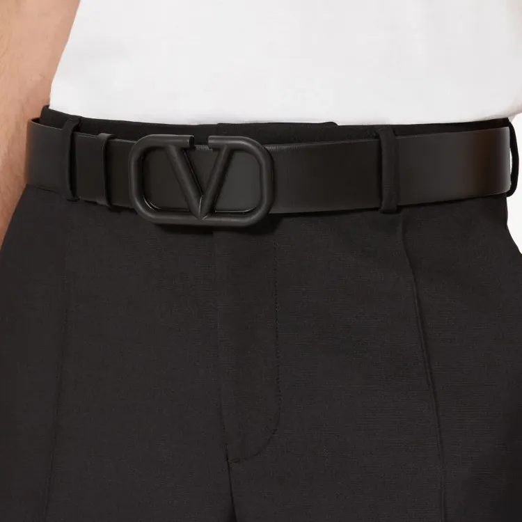 Valentino Logo Design Smooth Buckle Calfskin Metal Leather Belts Men's Black Width  3CM-1