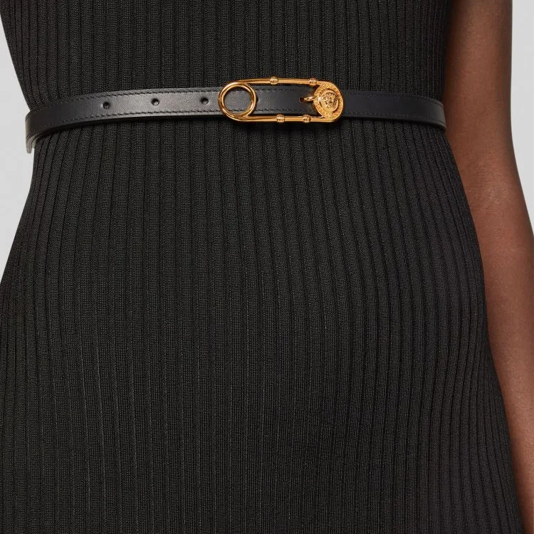 VERSACE Logo Design Smooth Buckle Genuine Leather Leather Belts Women's Black Width 1.6CM-2