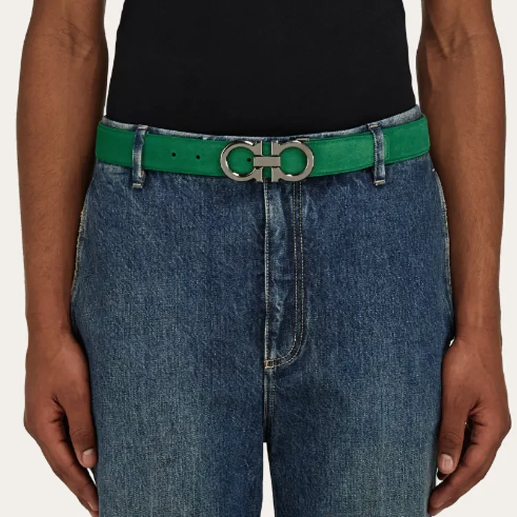 FERRAGAMO Logo Design Smooth Buckle Suede Leather Belts Women's Green Width 3.3CM-1