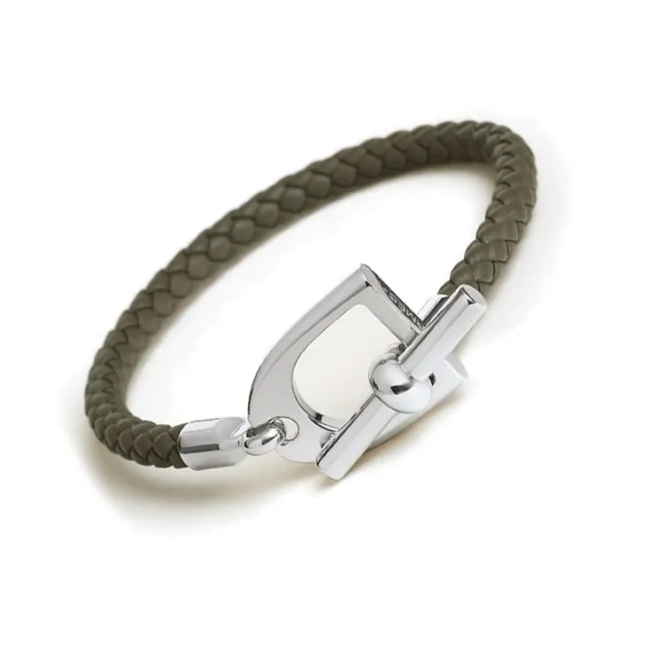 HERMES Calfskin, Palladium Plated Bracelets Men's Dark Green-2