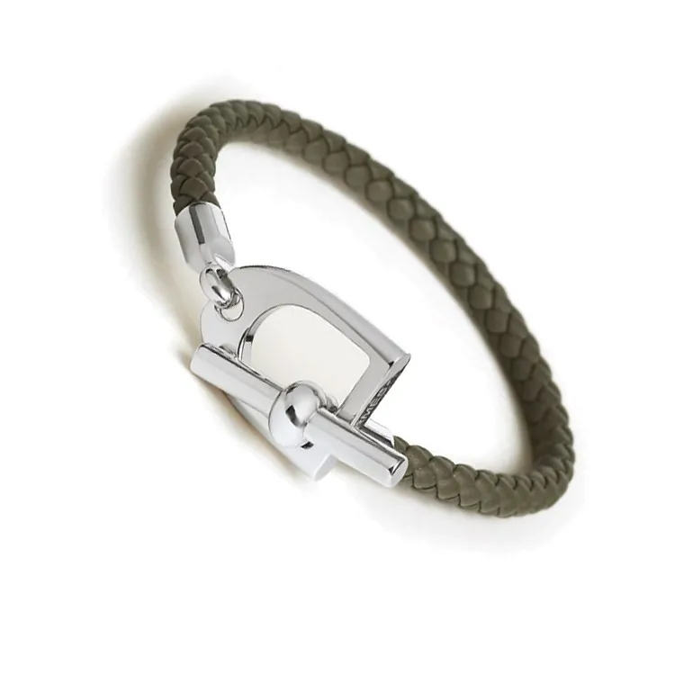 HERMES Calfskin, Palladium Plated Bracelets Men's Dark Green-1