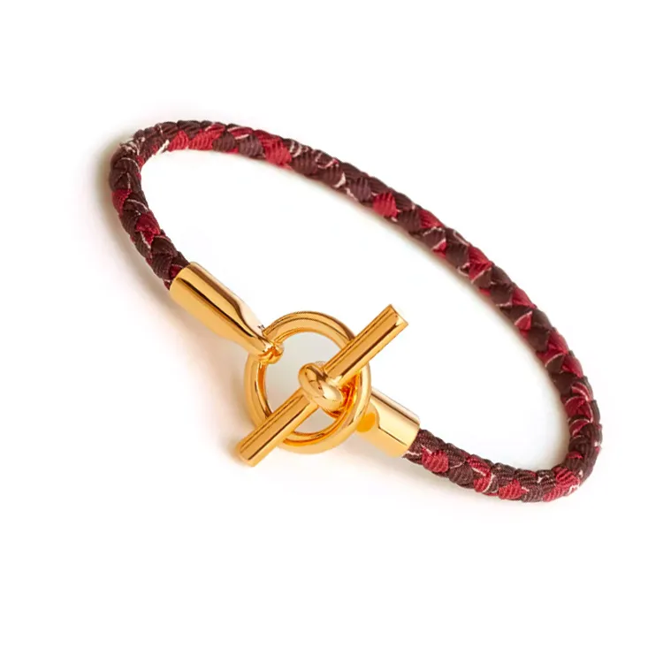 HERMES Leather Gold Bracelets Women's Red-1