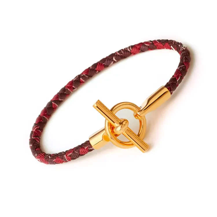 HERMES Leather Gold Bracelets Women's Red-2