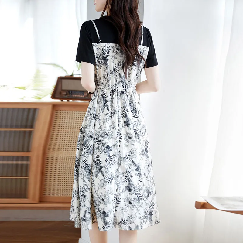 Still Quiet Short Sleeved Dresses Women's Black Beige-2