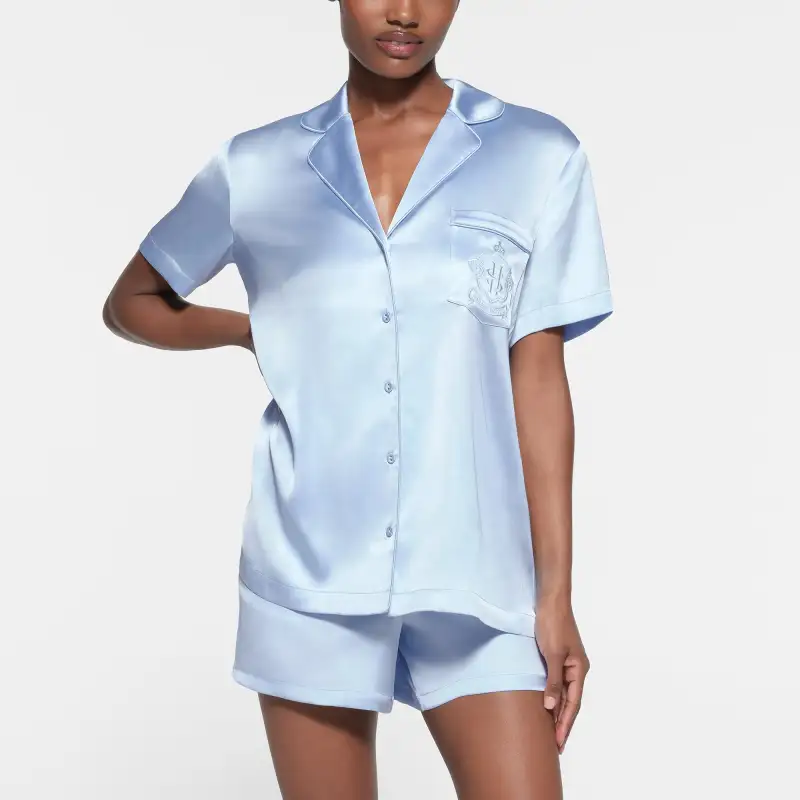 SKIMS HOTEL SHINE SHORT SLEEVE BUTTON UP SLEEP SET Pajama Set Women's Celeste/Sky Blue-2