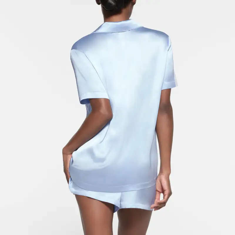 SKIMS HOTEL SHINE SHORT SLEEVE BUTTON UP SLEEP SET Pajama Set Women's Celeste/Sky Blue-1