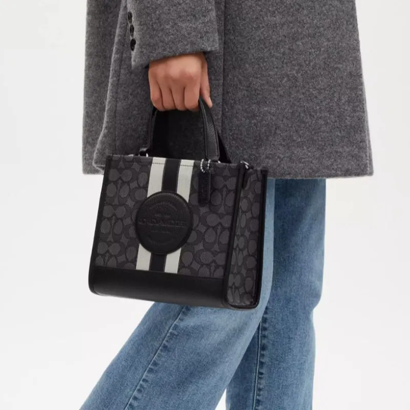 COACH Dempsey Fabric With Cow Leather Tote Bag Shopping Bag Shoulder Bag Crossbody Bag Handbag Small Size Women's Black-8