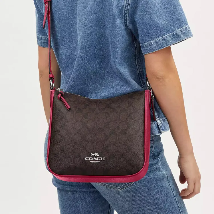 COACH Ellie Egg Stone Pattern Canvas With Leather File Bag Shoulder Bag Crossbody Bag Medium Size Women's Coffee & Red-4