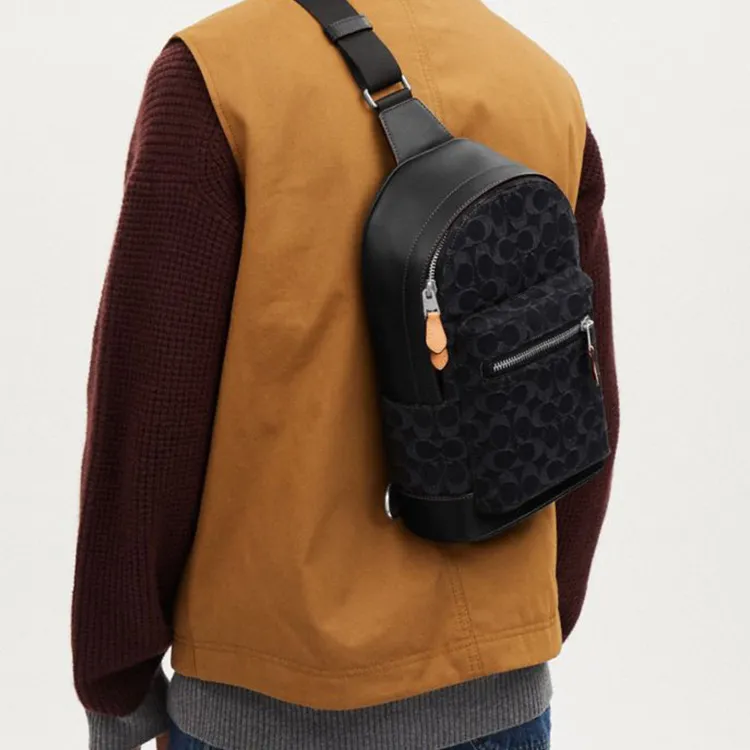COACH West Fabric With Cow Leather Shoulder Bag Crossbody Bag Sling Bags Medium Size Men's Black-3
