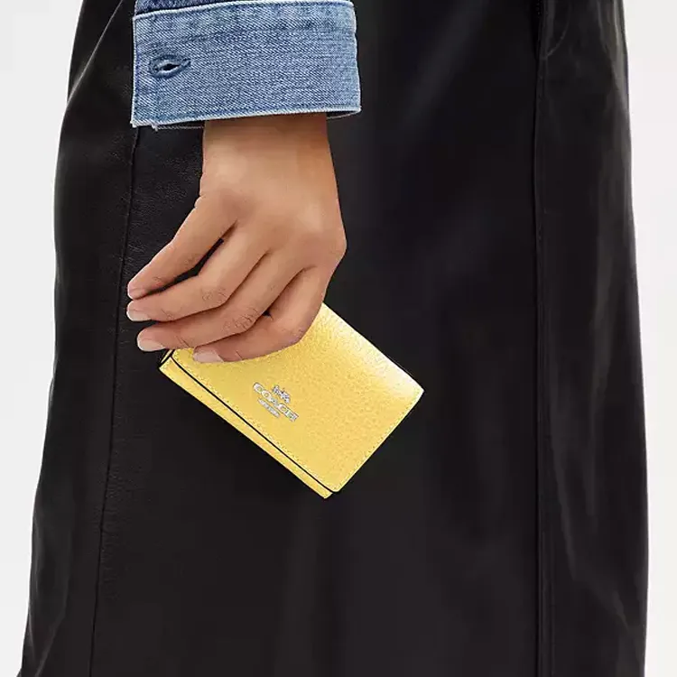 COACH Micro Leather Wallet Mini Women's Silver & Vintage Yellow-3