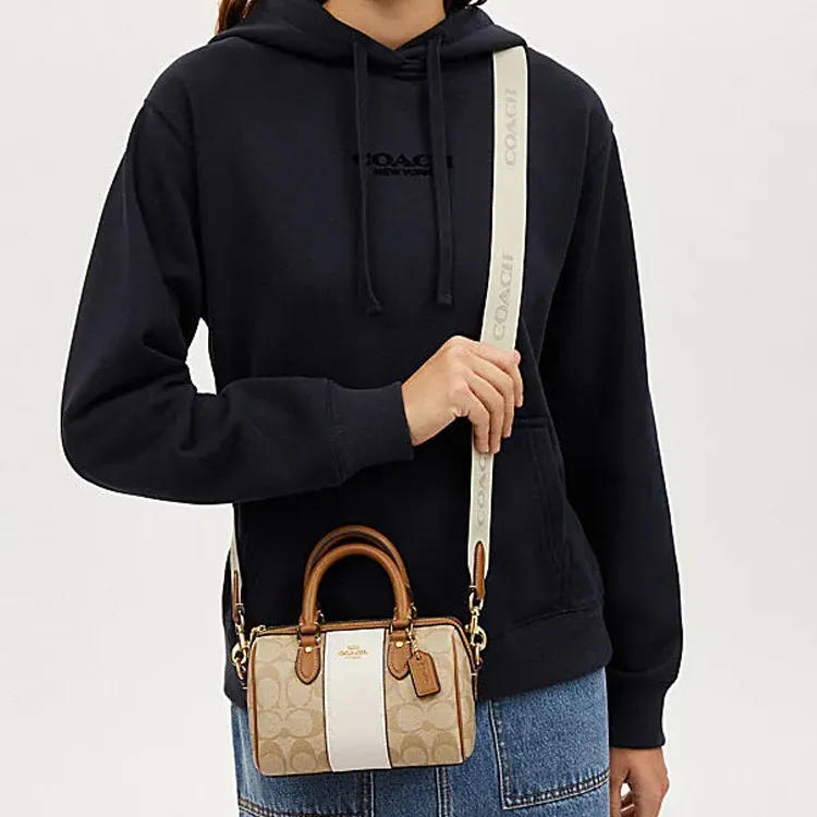COACH Rowan Canvas With Leather Handbag Shoulder Bag Crossbody Bag Mini Women's Light Khaki & Pink White-4