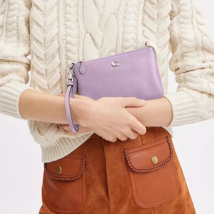 COACH Wristlet Polished Grained Leather Clutch Wrist Bag Small Size Women's Light Purple-3