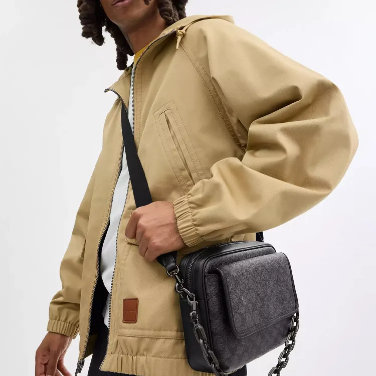 COACH Charter Iconic Coated Canvas With Calfskin Shoulder Bag, Crossbody Bag Medium Size Men's Charcoal-4