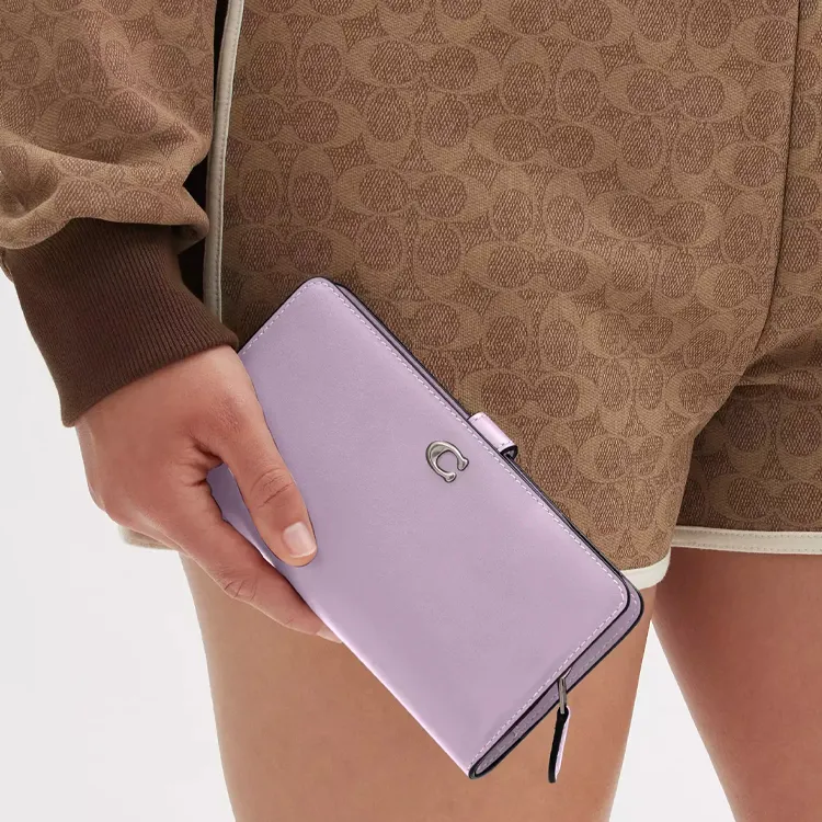 COACH Skinny Wallet Calfskin Coin Purse Clutch Wallet Women's Silver & Light Purple-3