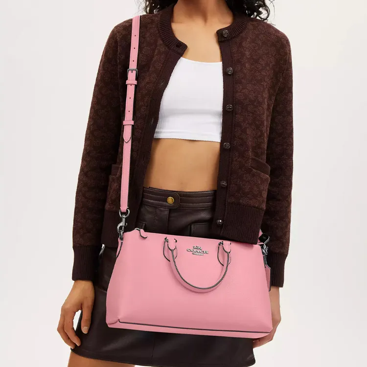 COACH Delicate Pebbled Leather Shoulder Bag Crossbody Bag Handbag Large Size Women's Silver & Blossom Pink-4
