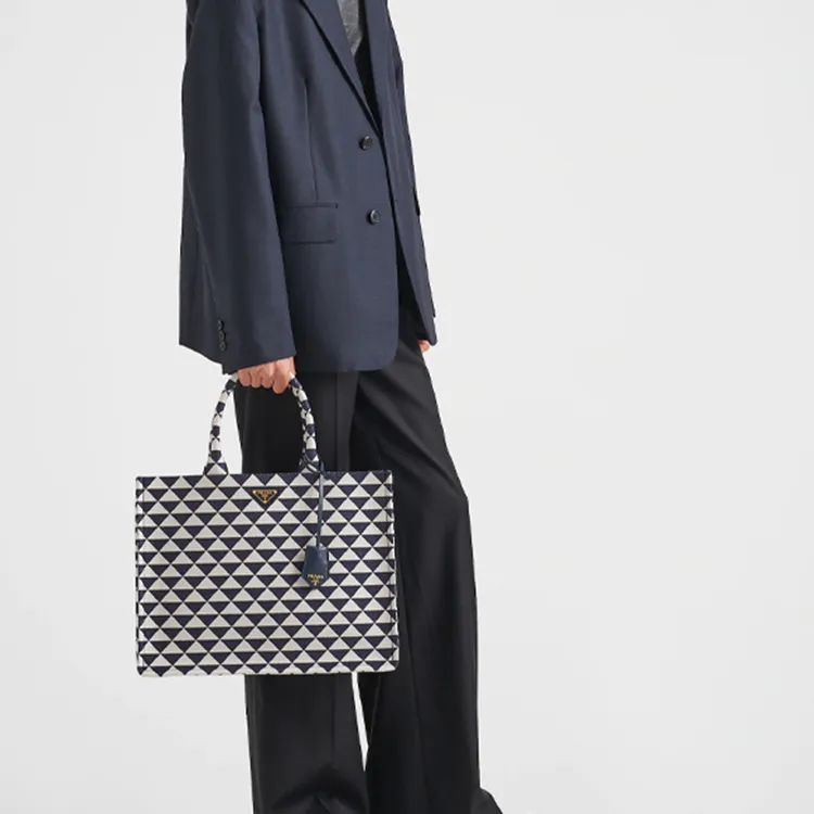 PRADA Symbol Fabric With Leather Tote Bag Shopping Bag Handbag Men's Blue/White-5