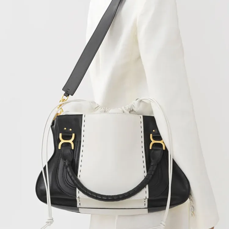 Chloe Marcie Calfskin Combined With Lambskin One Shoulder Handbag Crossbody Bag Large Size Women's White/Black-7