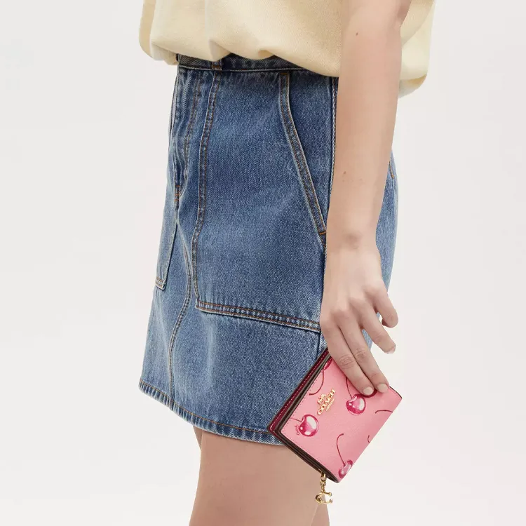 COACH Snap Wallet Coated Canvas With Smooth Leather Wallet Mini Women's Blossom Pink & Bright Purple-2