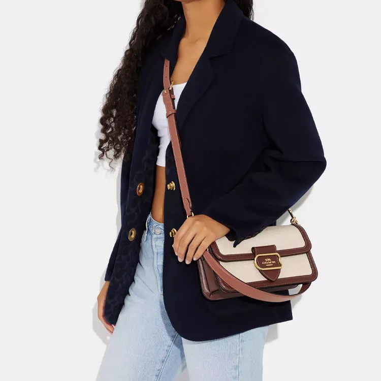 COACH Morgan Canvas With Calfskin Shoulder Bag Crossbody Bag Medium Size Women's Gold & Natural Multicolor-3
