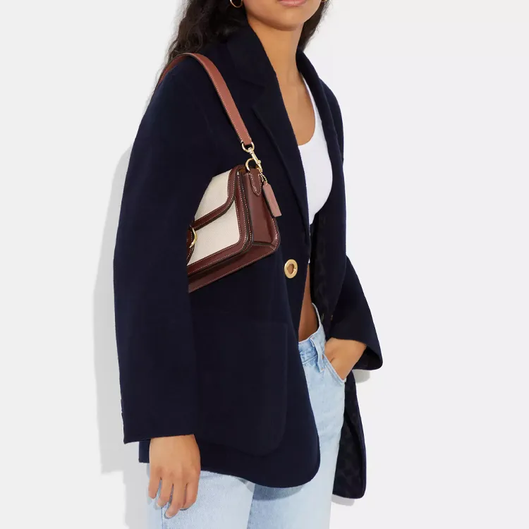 COACH Morgan Canvas With Calfskin Shoulder Bag Crossbody Bag Medium Size Women's Gold & Natural Multicolor-4