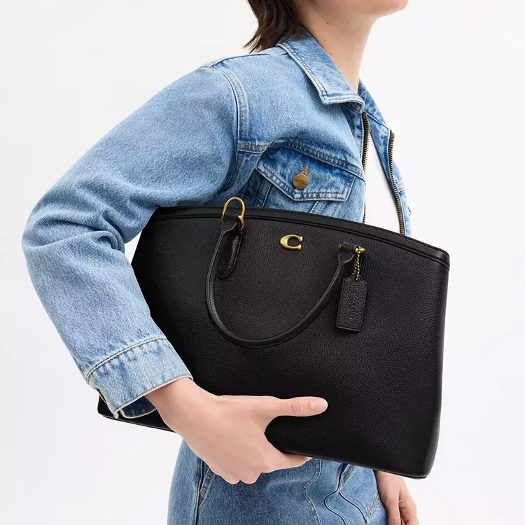 COACH Refined Pebbled Leather Tote Bag, Shopping Bag, Shoulder Bag, Crossbody Bag, Handbag Tubas Women's Brass & Black-4