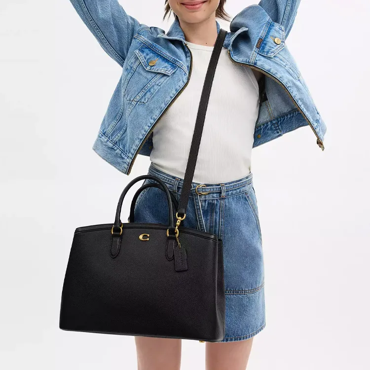 COACH Refined Pebbled Leather Tote Bag, Shopping Bag, Shoulder Bag, Crossbody Bag, Handbag Tubas Women's Brass & Black-5