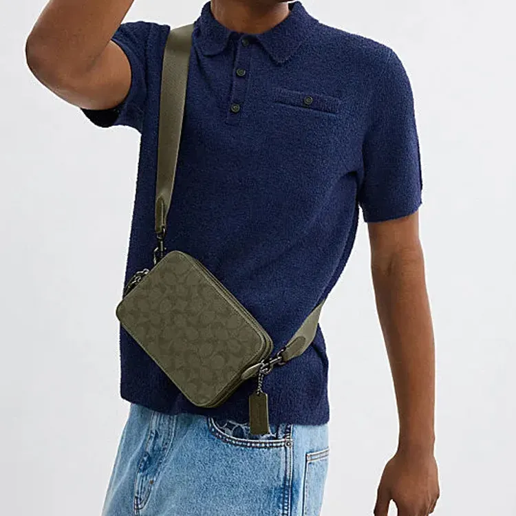 COACH Charter Fabric Cow Leather Patchwork Shoulder Bag Crossbody Bag Small Size Men's Army Green-4