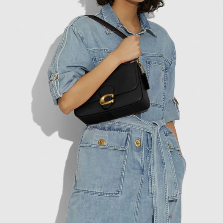 COACH Tabby Soft Cow Leather Shoulder Bag, Portable Crossbody Bag Medium Size Women's Black-4