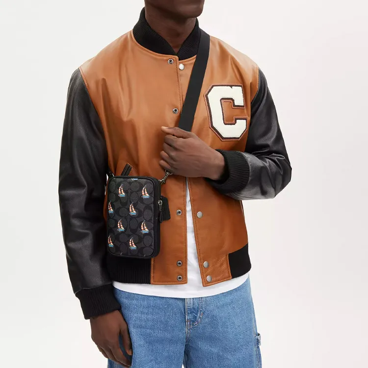 COACH Canvas With Leather Shoulder Bag, Crossbody Bag Mini Men's Bronze & Charcoal Gray-4