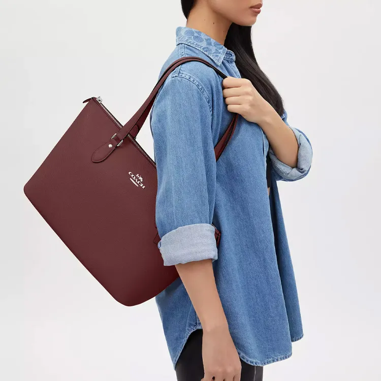 COACH Gallery Recycled Leather Fiber Tote Bag, Shopping Bag, Handbag, Shoulder Bag Women's Burgundy-4