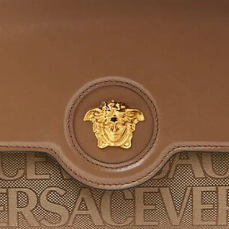 VERSACE La Medusa Cotton With Cow Leather Patchwork Shoulder Bag Crossbody Bag Women's Brown-3