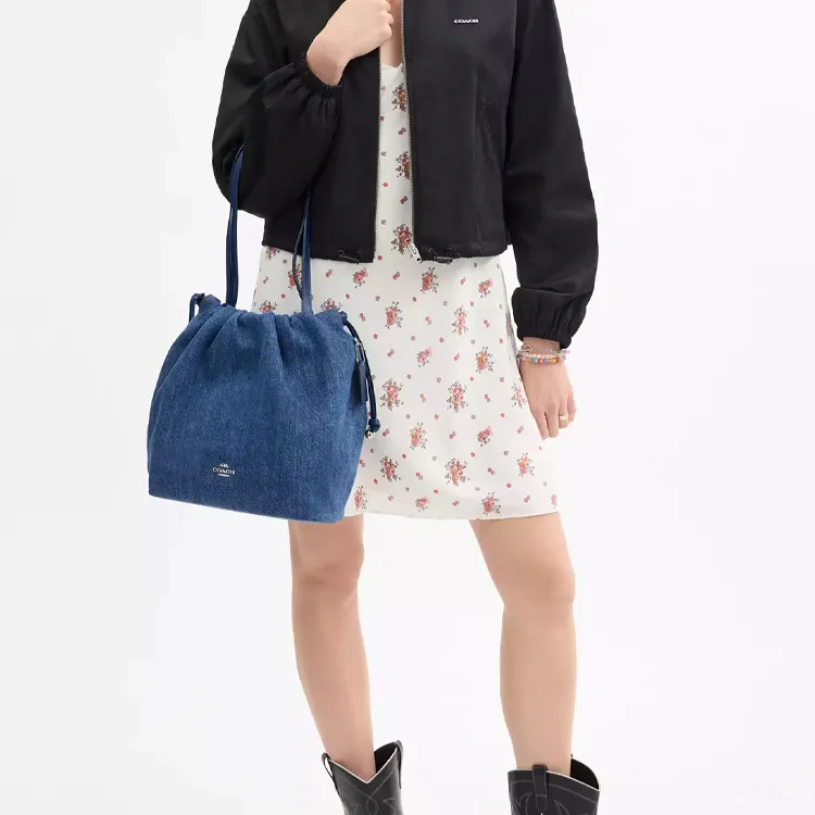 COACH Faye Denim Bucket Bag, Shoulder Bag Tubas Women's Blue-3