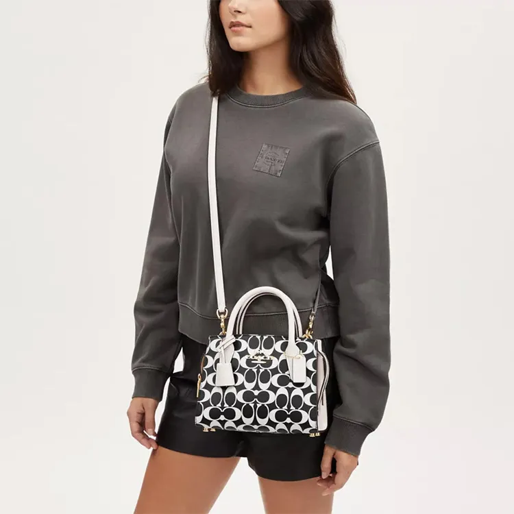COACH Canvas With Leather Tote Bag Shopping Bag Shoulder Bags Handbags Small Size Women's Black White-4