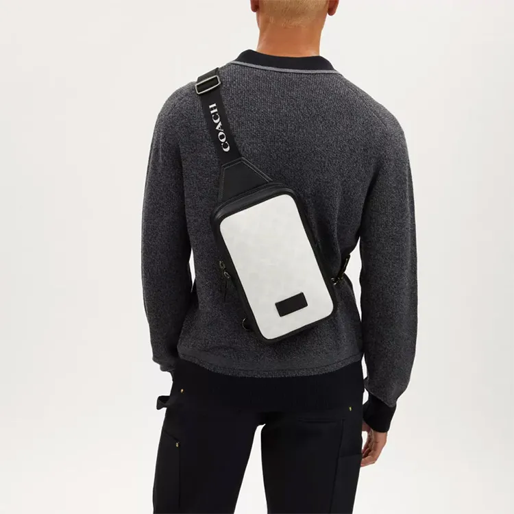 COACH Sullivan Canvas With Leather Sling Bag, Shoulder Bag, Crossbody Bag, Fanny Pack Trumpets Men's White & Black-3
