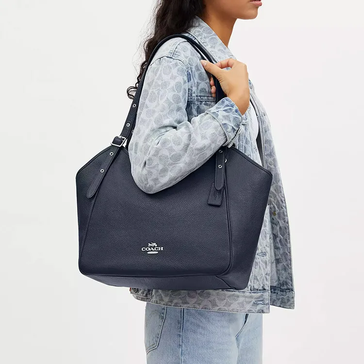 COACH Zip Shoulder Bag Pebbled Leather Tote Bag Shopping Bag Handbag Shoulder Bag Women's Silver & Denim Blue-3