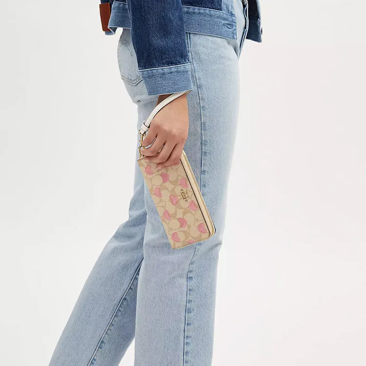 COACH Zip Around Canvas With Leather Wallet Small Size Women's Gold & Light Khaki Chalk Multicolor-4