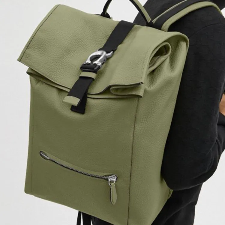 COACH Soft Litchi Grain Leather Backpack Tubas Men's Moss Green-4