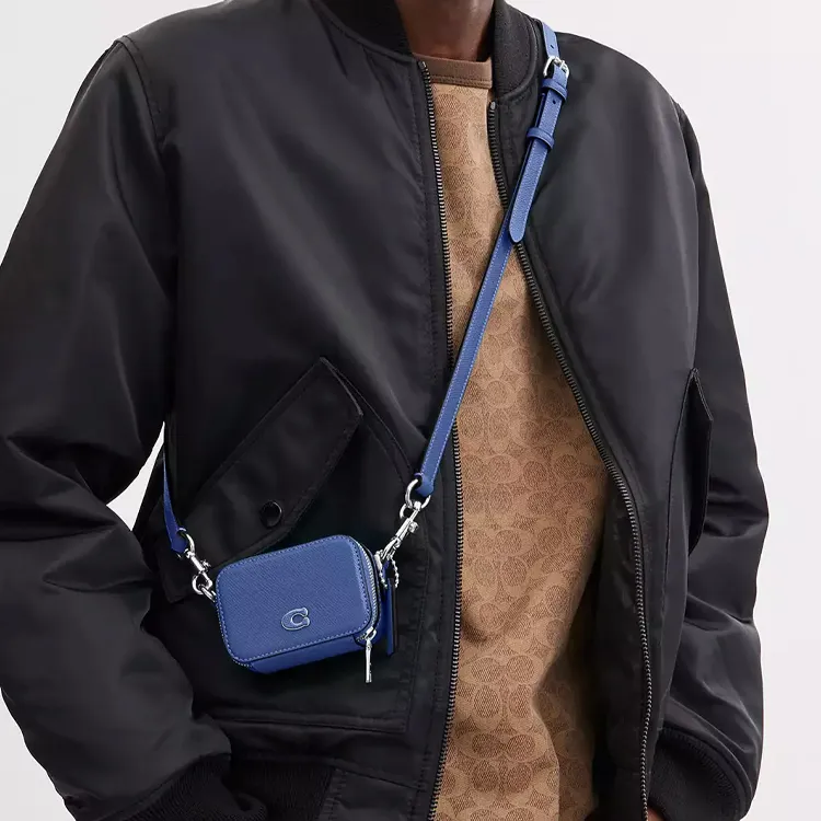 COACH Cross Grain Leather Shoulder Bag, Crossbody Bag Mini Men's Blueberry-4