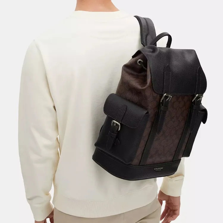 COACH Hudson Canvas With Leather Backpack Large Size Men's Mahogany & Black-3