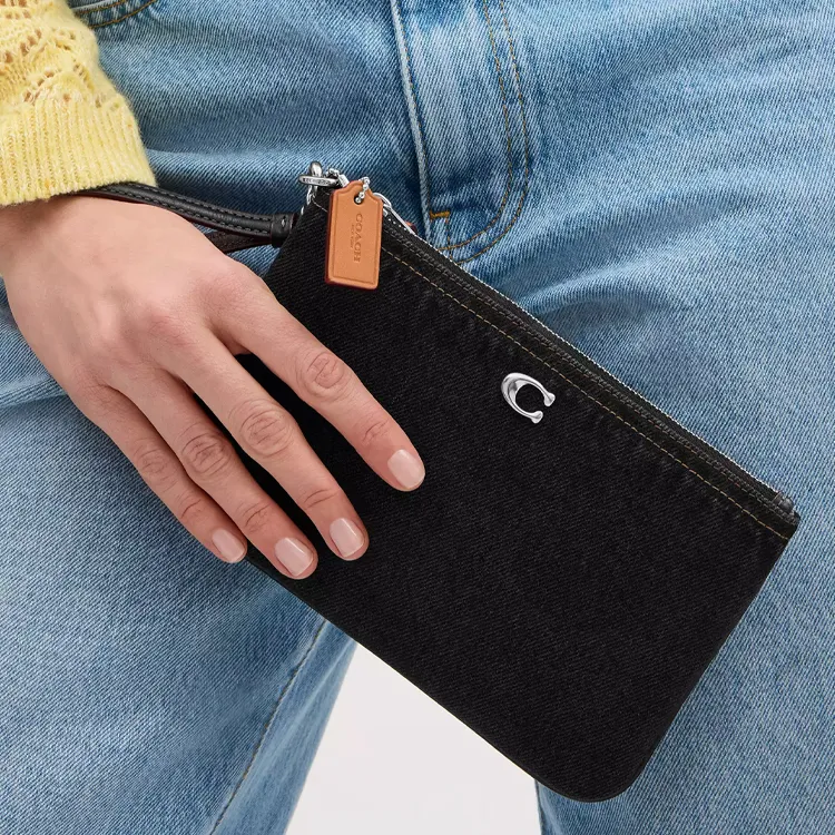 COACH Wristlet Denim Clutch Small Size Women's Black-3