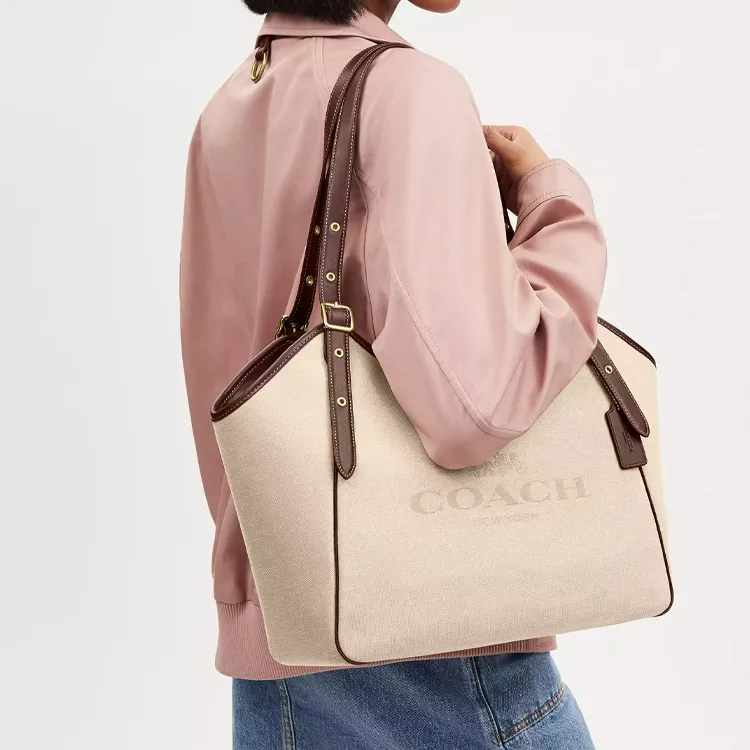 COACH Canvas With Smooth Leather Handbag Shoulder Bag Large Size Women's Gold & Natural Multicolor-3